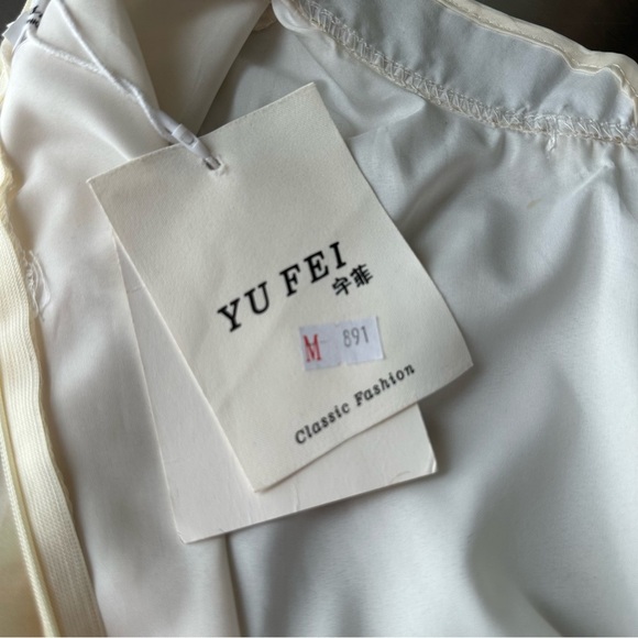 YUFEI Traditional Chinese Cheongsam Dress Pale Yellow Organza MIDI Embroidered M - Picture 12 of 15